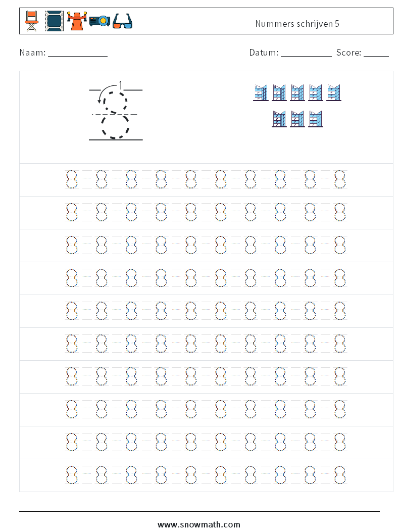 Nummers schrijven 5 Wiskundige werkbladen 13