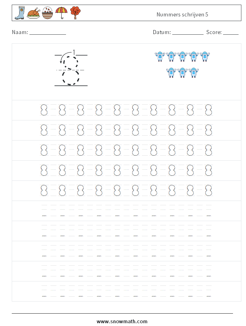 Nummers schrijven 5 Wiskundige werkbladen 15