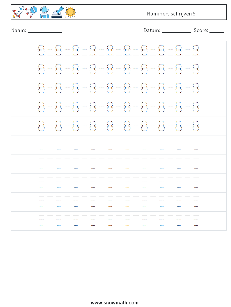 Nummers schrijven 5 Wiskundige werkbladen 16