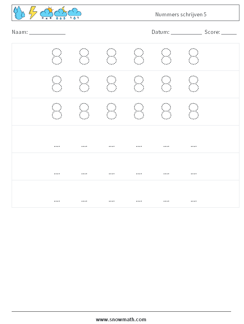 Nummers schrijven 5 Wiskundige werkbladen 8