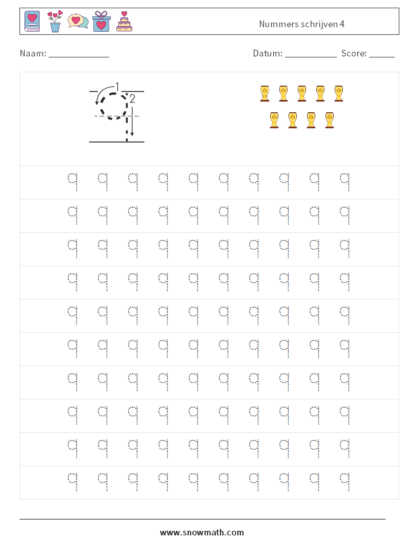 Nummers schrijven 4 Wiskundige werkbladen 1