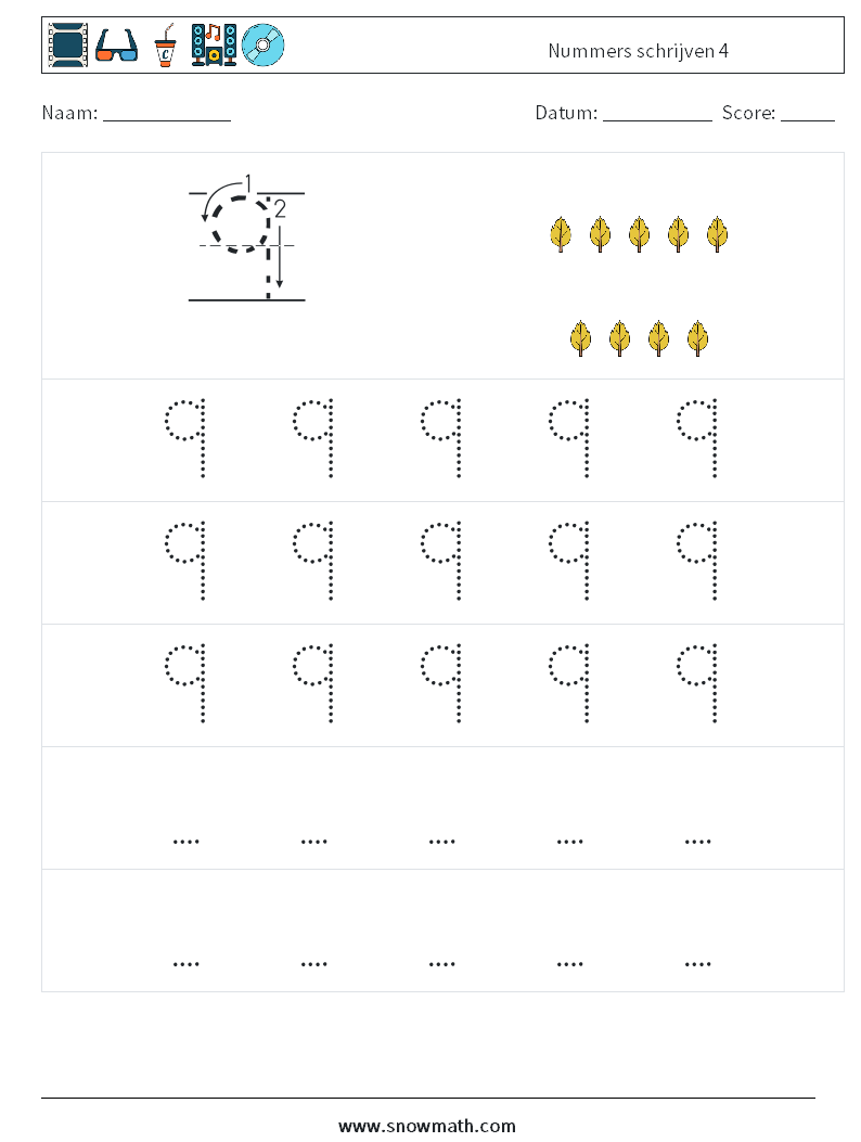 Nummers schrijven 4 Wiskundige werkbladen 11