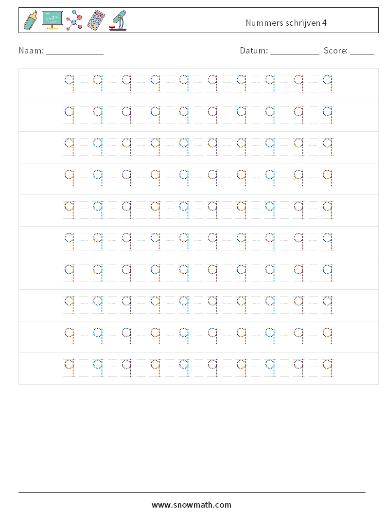 Nummers schrijven 4 Wiskundige werkbladen 14