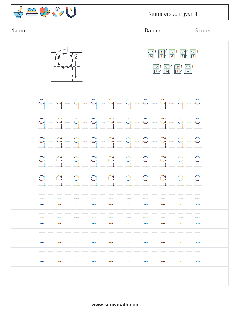 Nummers schrijven 4 Wiskundige werkbladen 15