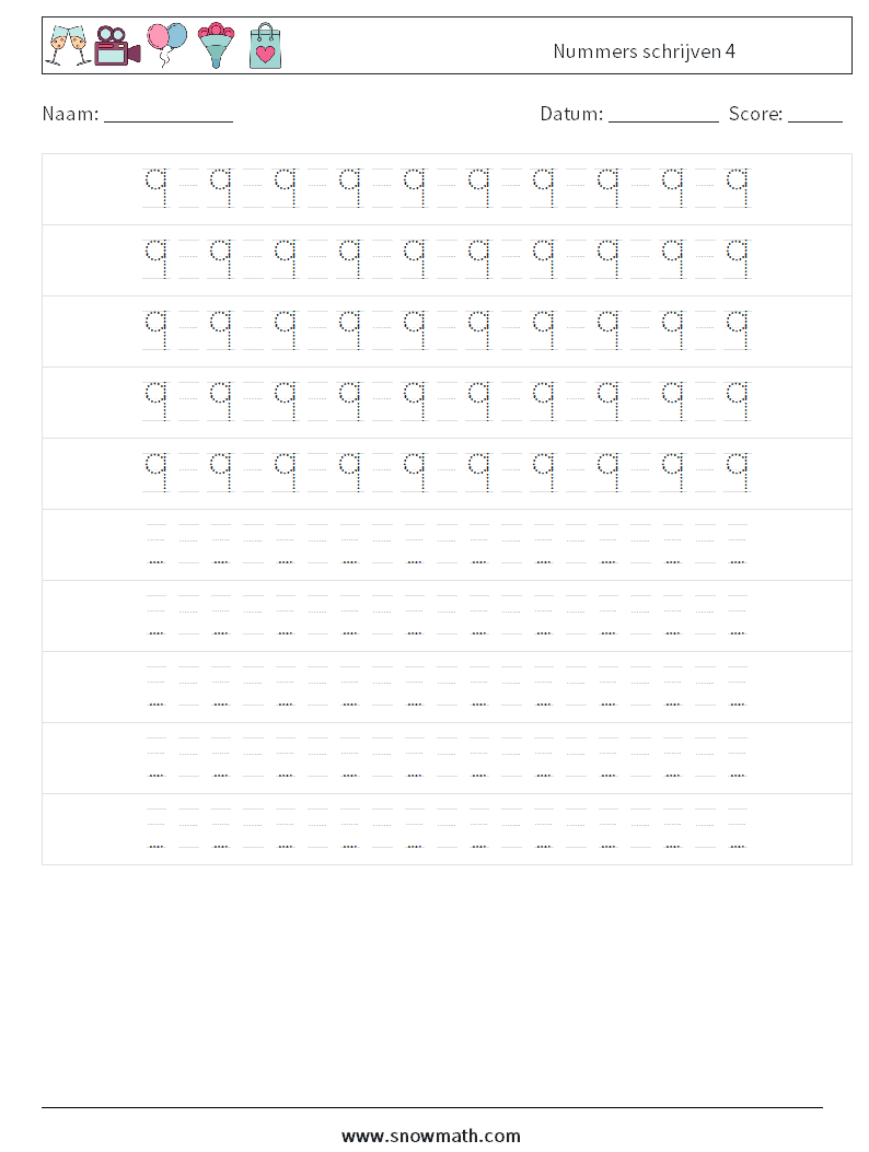 Nummers schrijven 4 Wiskundige werkbladen 16