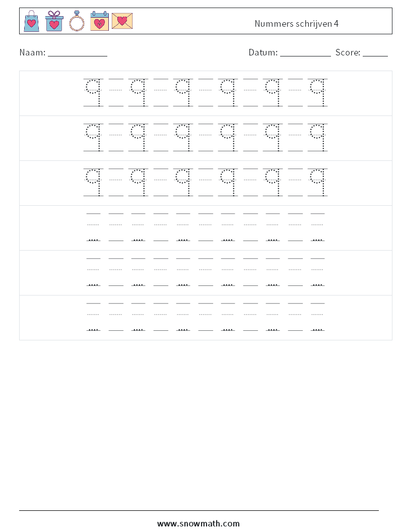 Nummers schrijven 4 Wiskundige werkbladen 20