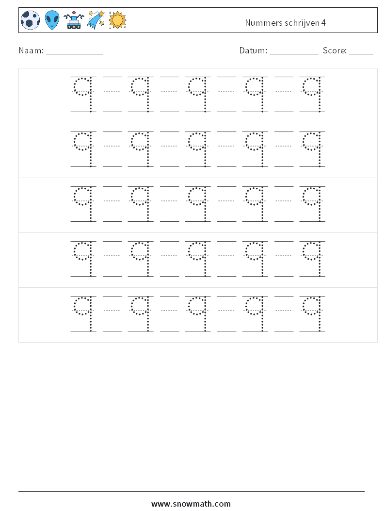 Nummers schrijven 4 Wiskundige werkbladen 22