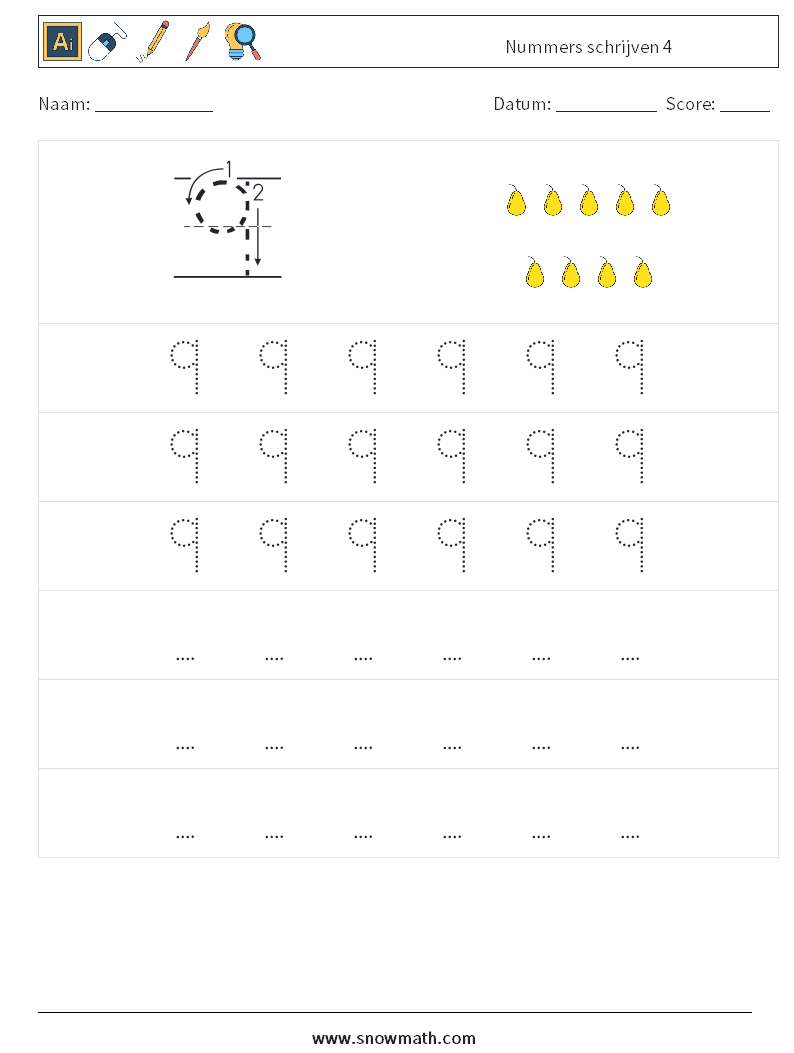 Nummers schrijven 4 Wiskundige werkbladen 7