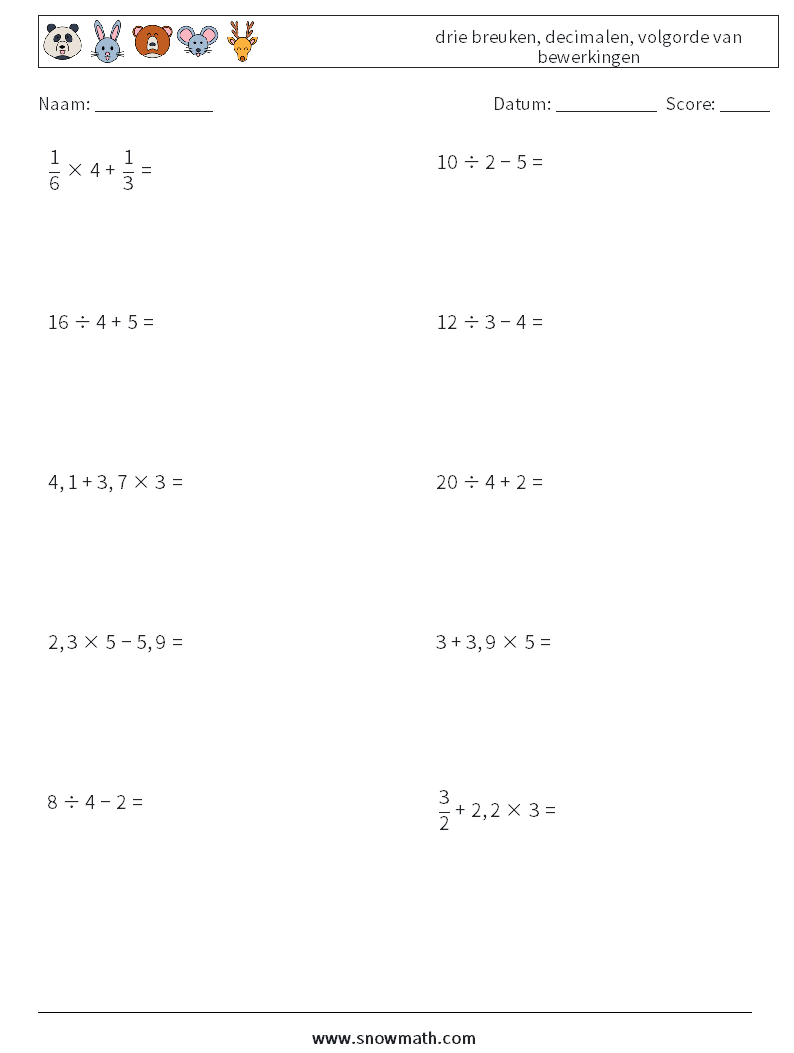 (10) drie breuken, decimalen, volgorde van bewerkingen Wiskundige werkbladen 1