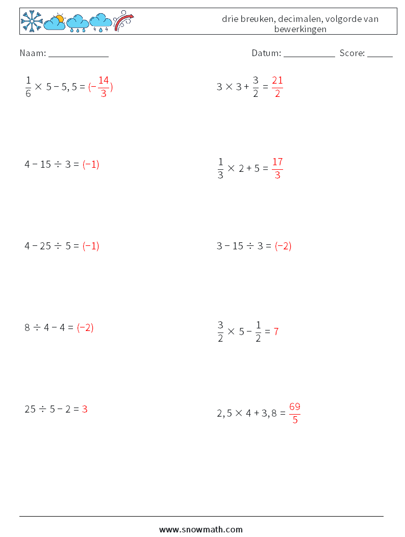 (10) drie breuken, decimalen, volgorde van bewerkingen Wiskundige werkbladen 10 Vraag, Antwoord
