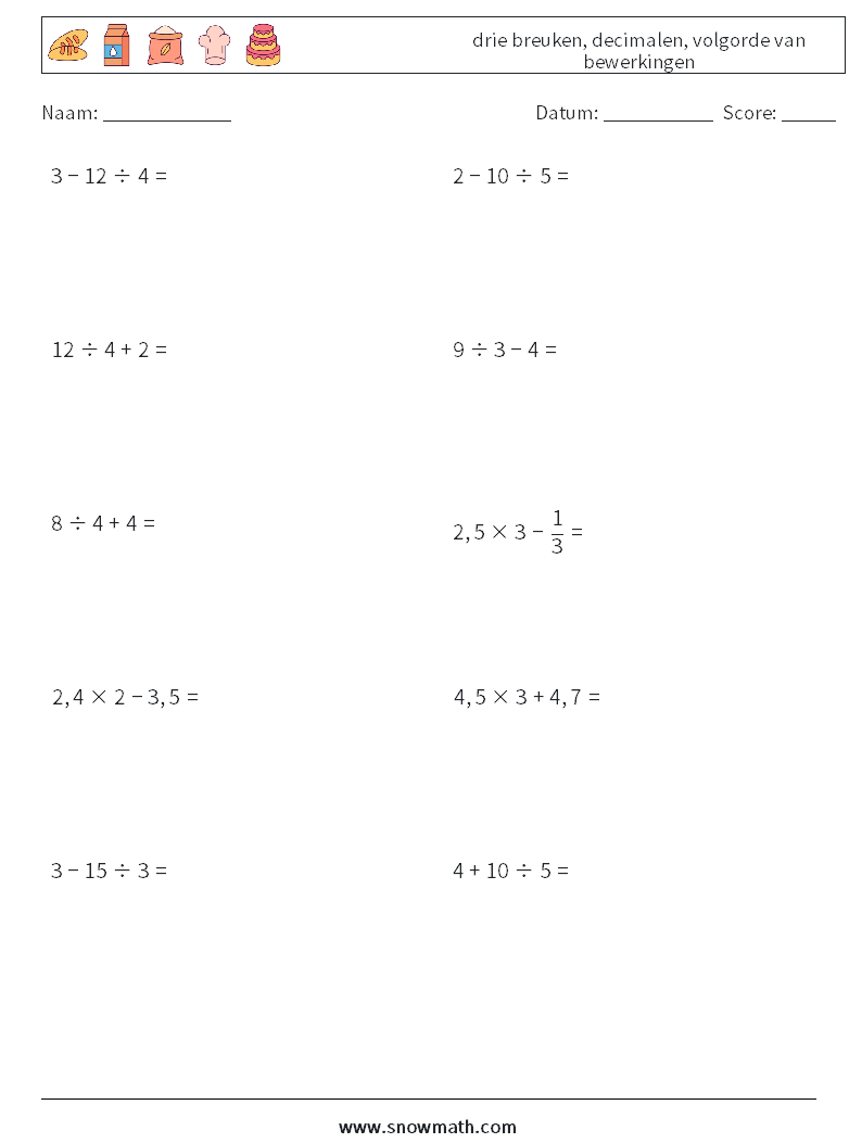 (10) drie breuken, decimalen, volgorde van bewerkingen Wiskundige werkbladen 13