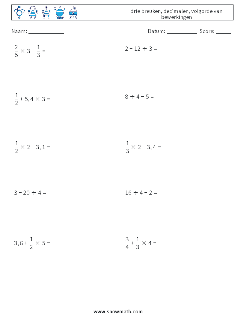 (10) drie breuken, decimalen, volgorde van bewerkingen Wiskundige werkbladen 3