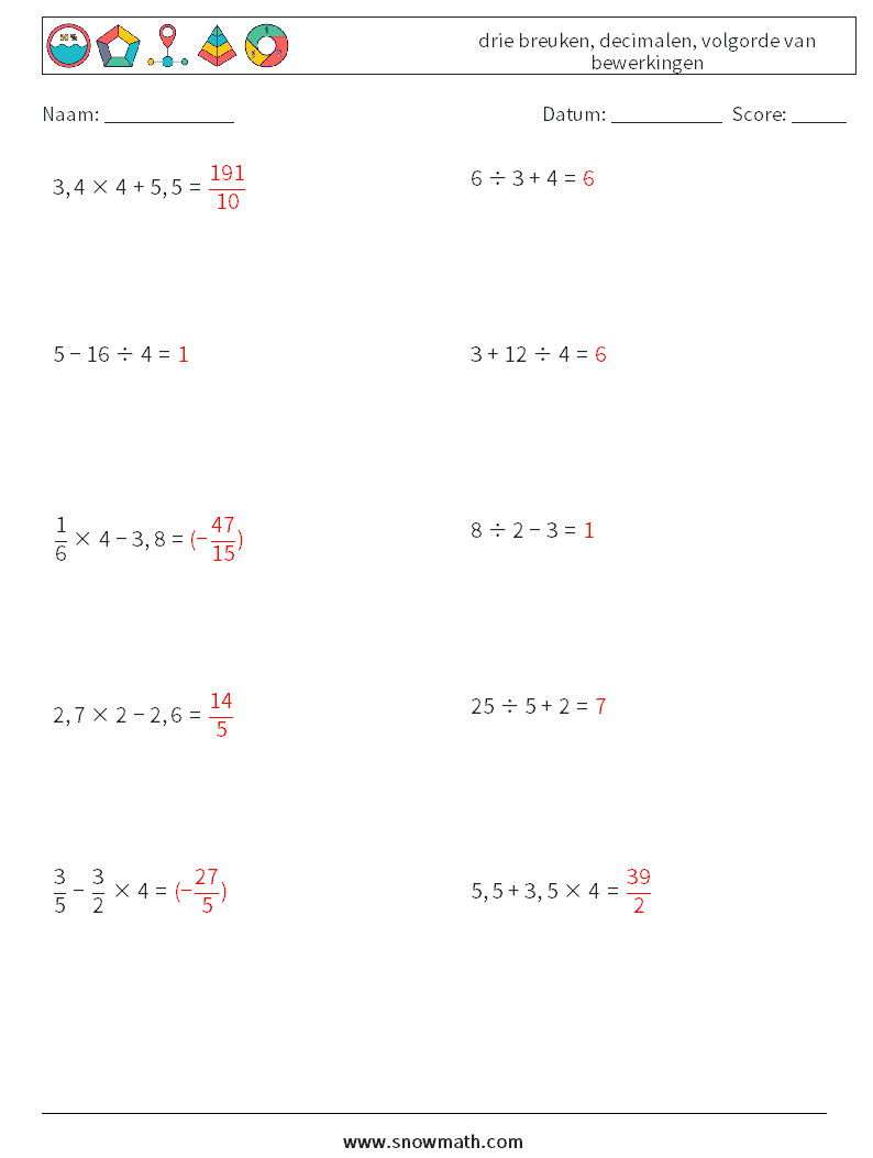 (10) drie breuken, decimalen, volgorde van bewerkingen Wiskundige werkbladen 5 Vraag, Antwoord