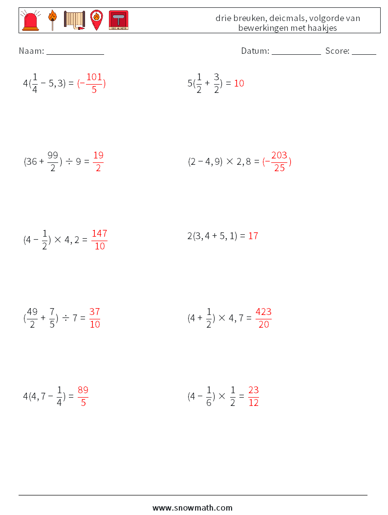 (10) drie breuken, deicmals, volgorde van bewerkingen met haakjes Wiskundige werkbladen 13 Vraag, Antwoord
