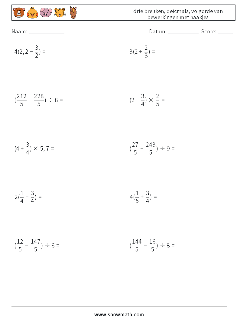 (10) drie breuken, deicmals, volgorde van bewerkingen met haakjes Wiskundige werkbladen 14