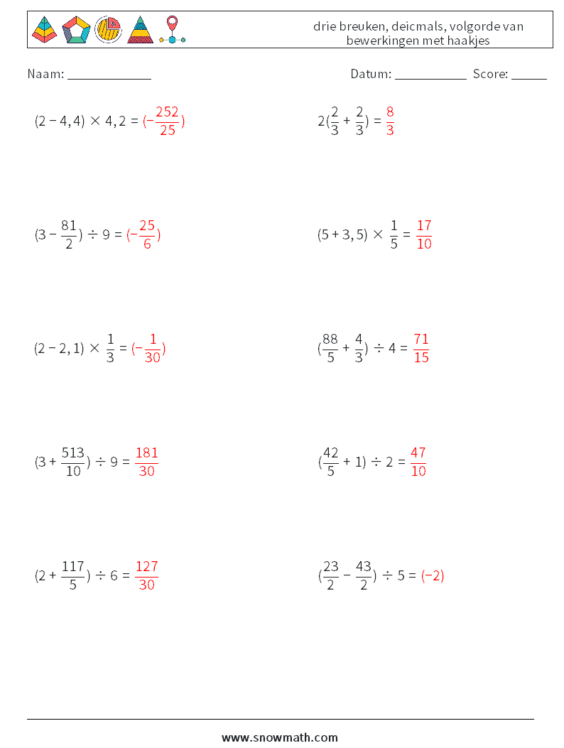(10) drie breuken, deicmals, volgorde van bewerkingen met haakjes Wiskundige werkbladen 15 Vraag, Antwoord