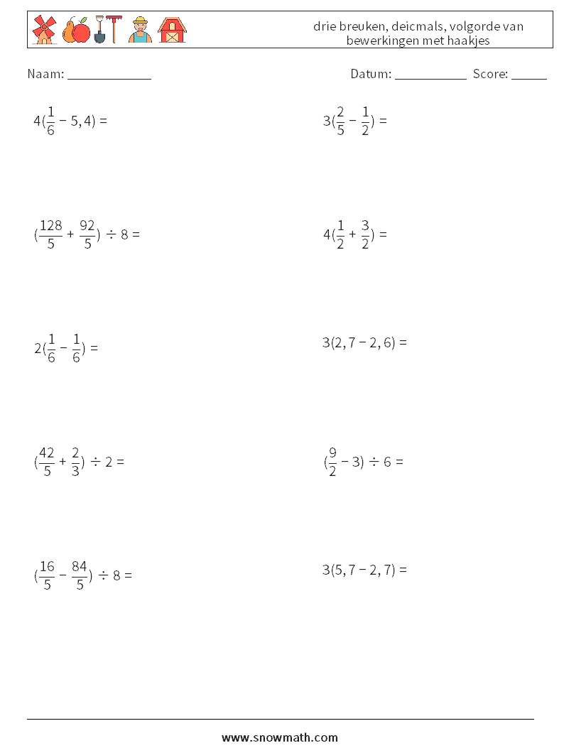 (10) drie breuken, deicmals, volgorde van bewerkingen met haakjes Wiskundige werkbladen 18