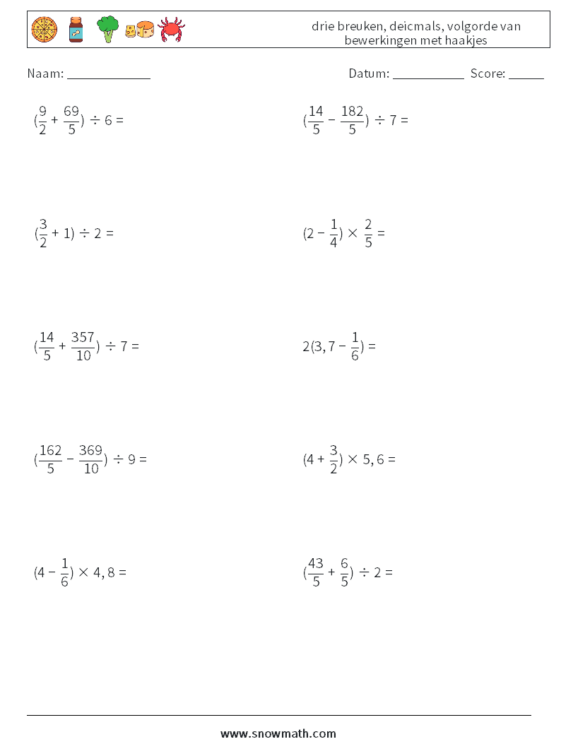 (10) drie breuken, deicmals, volgorde van bewerkingen met haakjes Wiskundige werkbladen 2