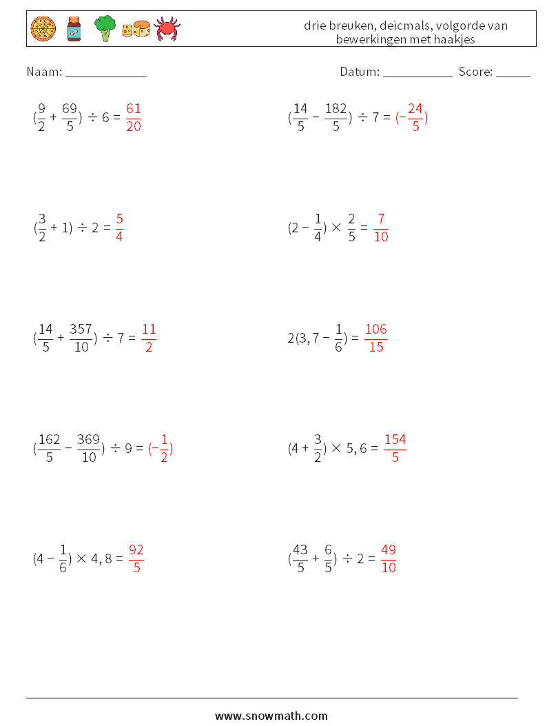 (10) drie breuken, deicmals, volgorde van bewerkingen met haakjes Wiskundige werkbladen 2 Vraag, Antwoord