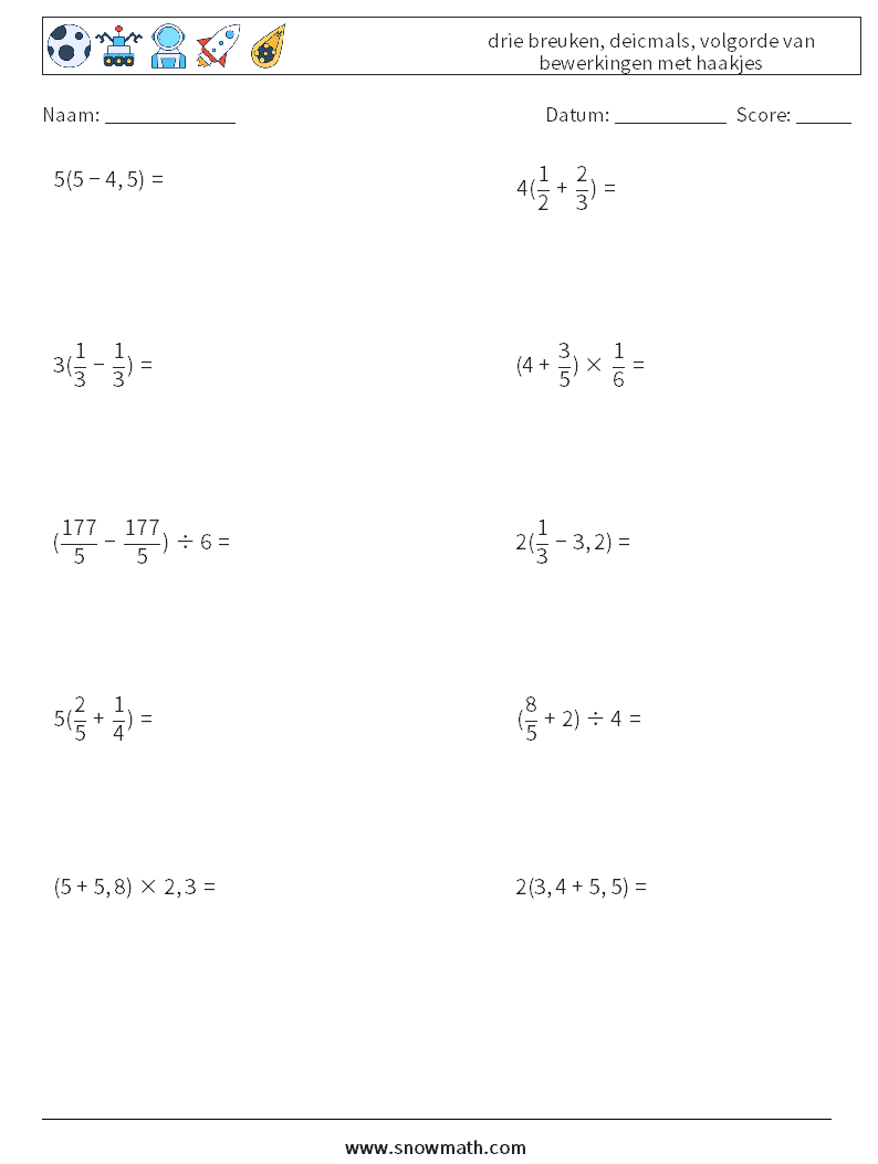 (10) drie breuken, deicmals, volgorde van bewerkingen met haakjes Wiskundige werkbladen 3