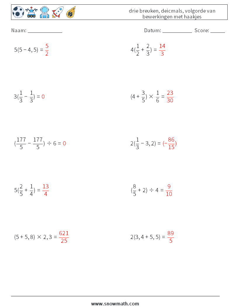(10) drie breuken, deicmals, volgorde van bewerkingen met haakjes Wiskundige werkbladen 3 Vraag, Antwoord