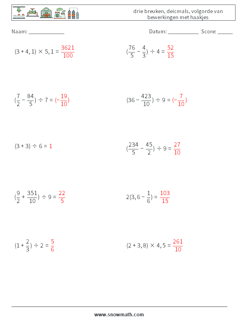 (10) drie breuken, deicmals, volgorde van bewerkingen met haakjes Wiskundige werkbladen 4 Vraag, Antwoord