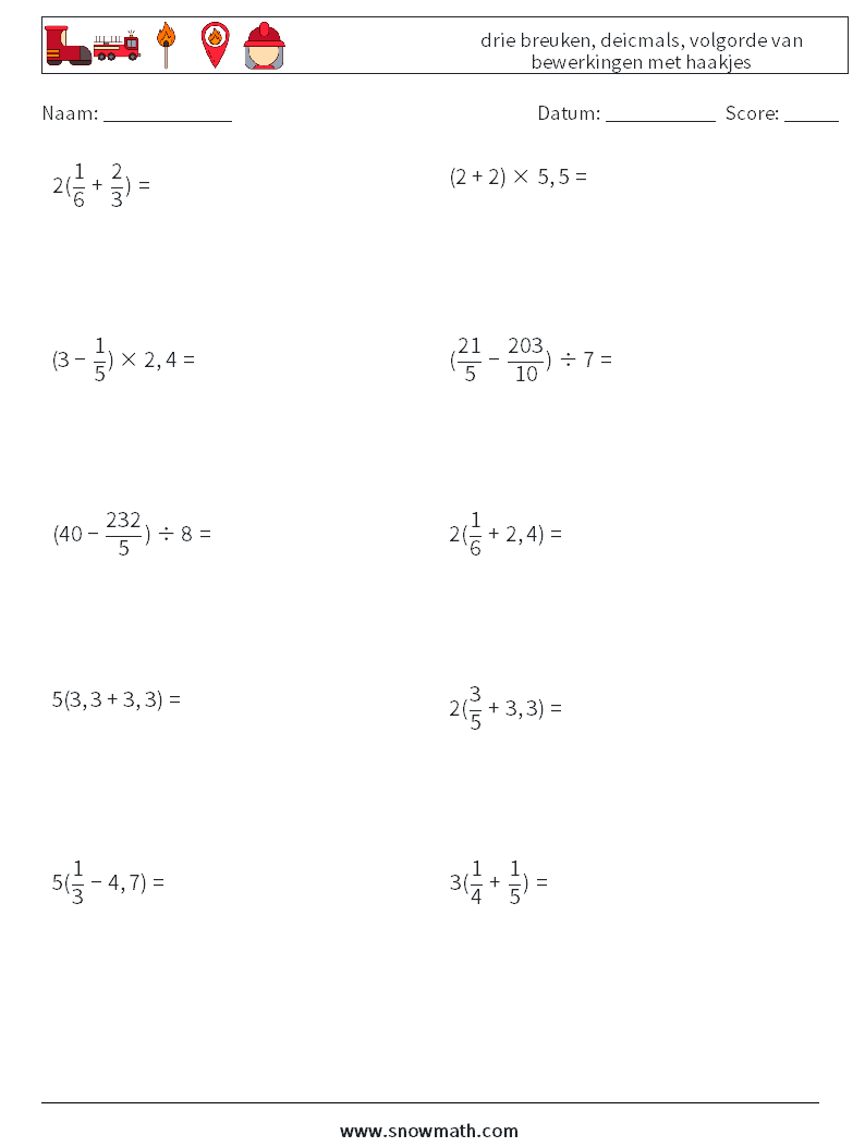 (10) drie breuken, deicmals, volgorde van bewerkingen met haakjes Wiskundige werkbladen 5