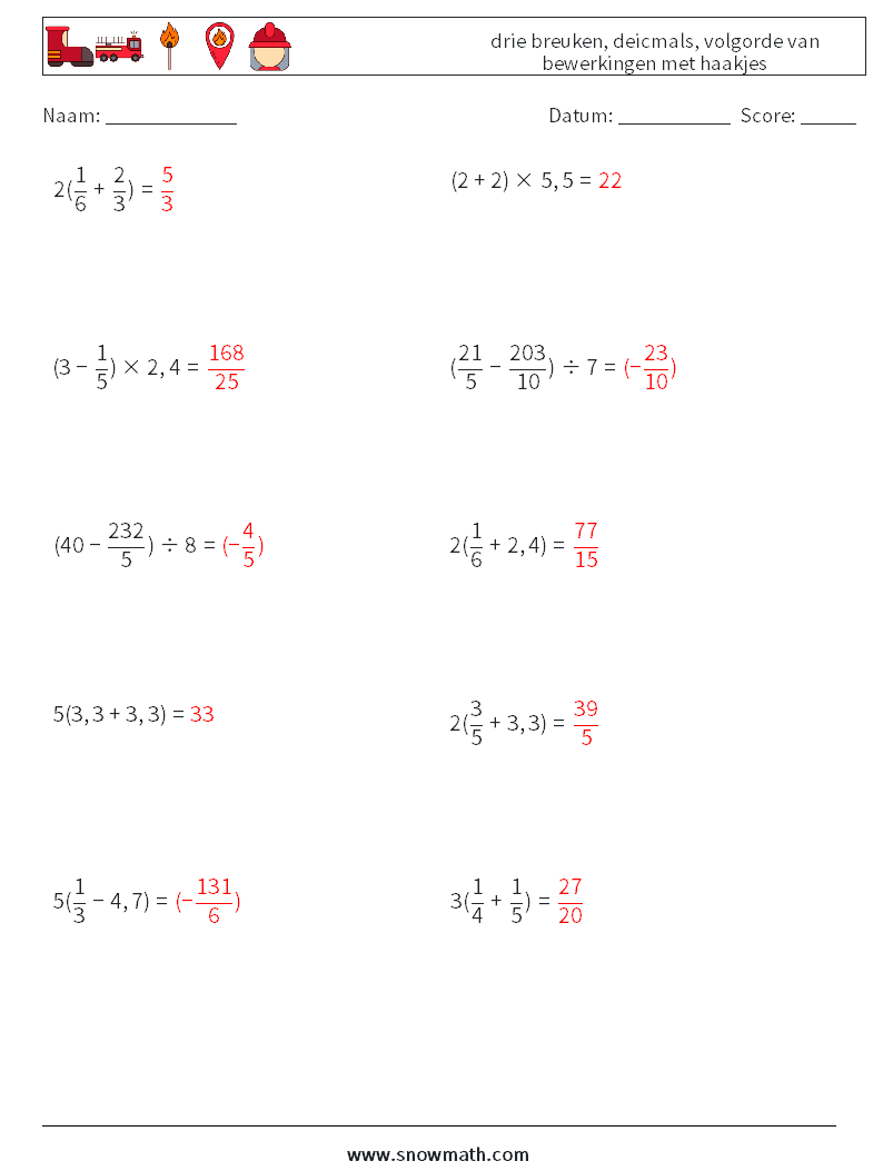 (10) drie breuken, deicmals, volgorde van bewerkingen met haakjes Wiskundige werkbladen 5 Vraag, Antwoord
