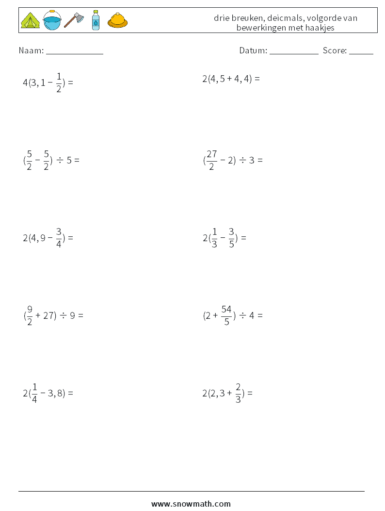 (10) drie breuken, deicmals, volgorde van bewerkingen met haakjes Wiskundige werkbladen 7