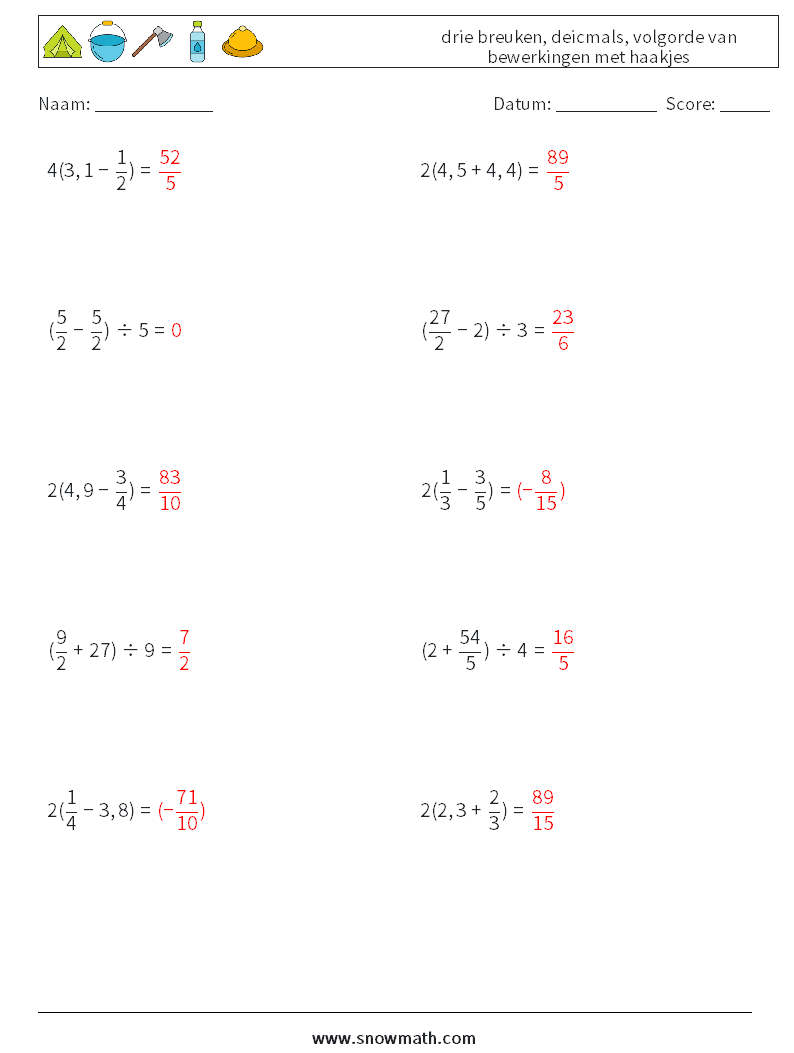 (10) drie breuken, deicmals, volgorde van bewerkingen met haakjes Wiskundige werkbladen 7 Vraag, Antwoord