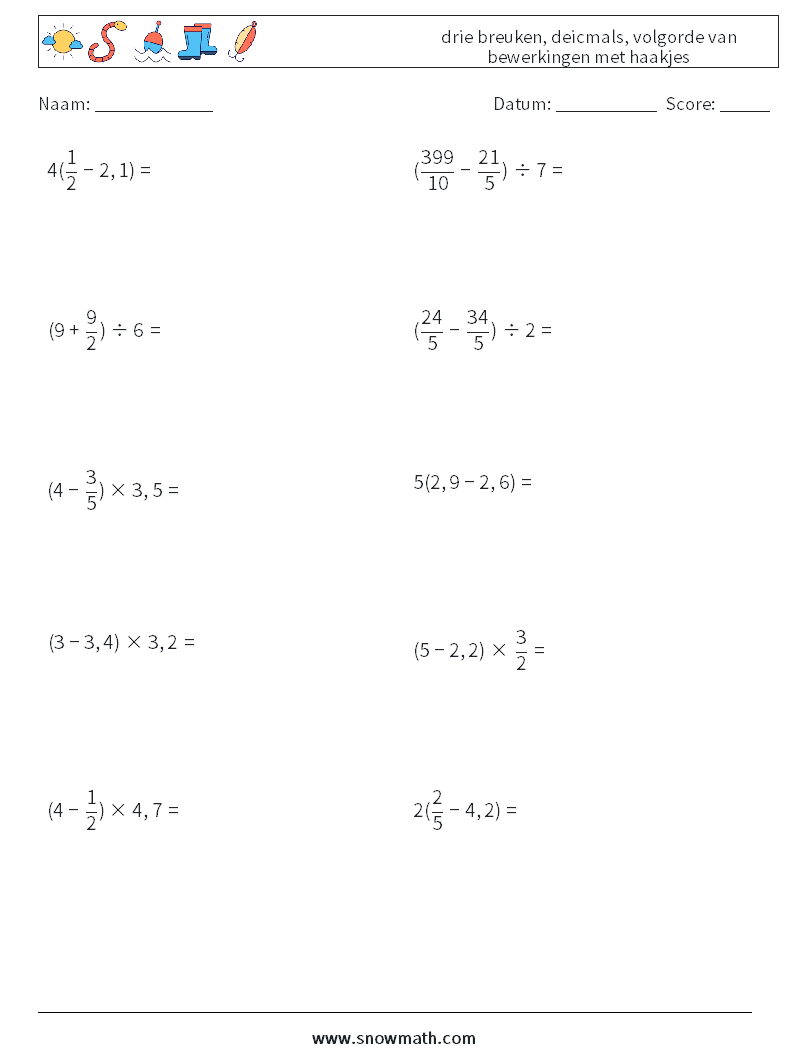 (10) drie breuken, deicmals, volgorde van bewerkingen met haakjes Wiskundige werkbladen 8