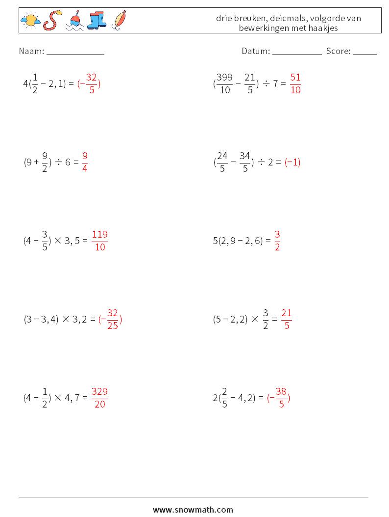 (10) drie breuken, deicmals, volgorde van bewerkingen met haakjes Wiskundige werkbladen 8 Vraag, Antwoord