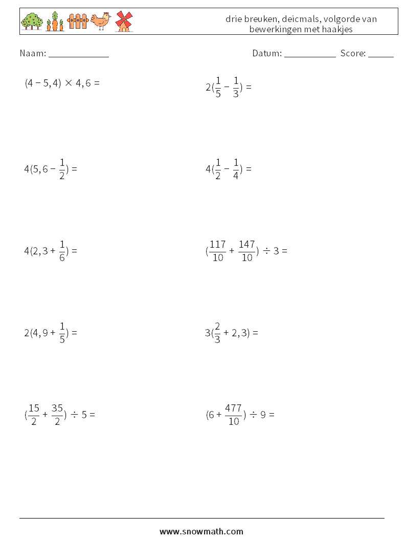 (10) drie breuken, deicmals, volgorde van bewerkingen met haakjes Wiskundige werkbladen 9