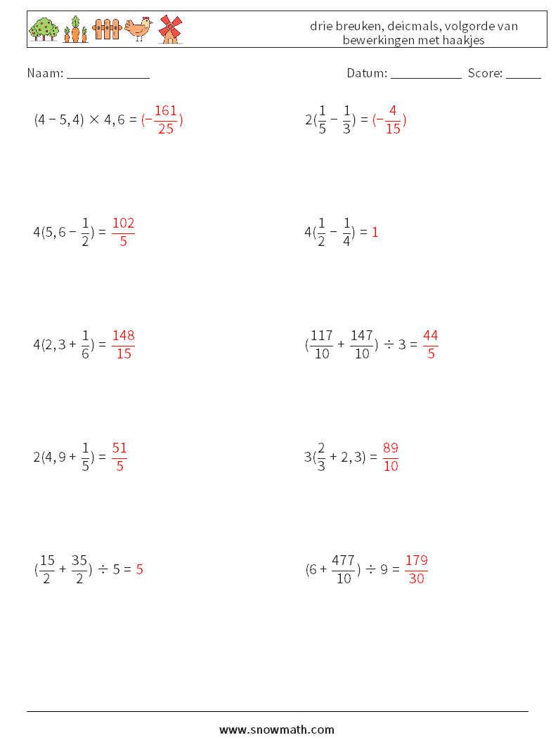 (10) drie breuken, deicmals, volgorde van bewerkingen met haakjes Wiskundige werkbladen 9 Vraag, Antwoord