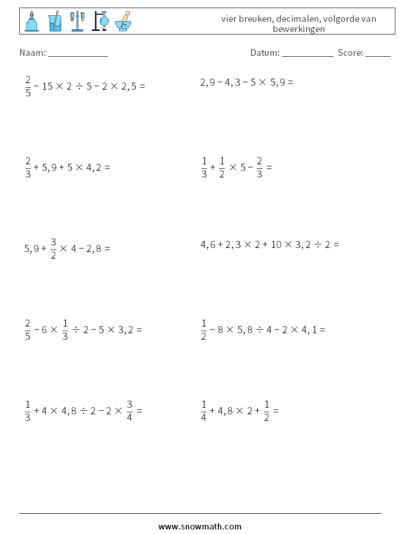 (10) vier breuken, decimalen, volgorde van bewerkingen Wiskundige werkbladen 1