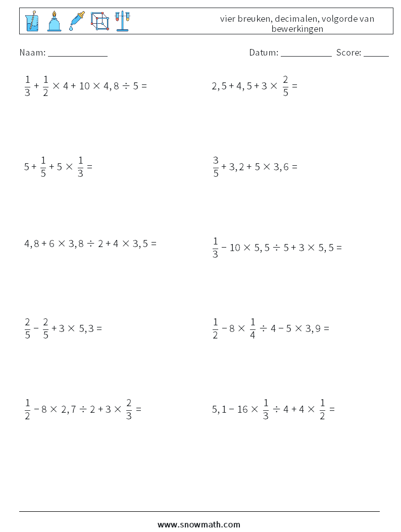 (10) vier breuken, decimalen, volgorde van bewerkingen Wiskundige werkbladen 10