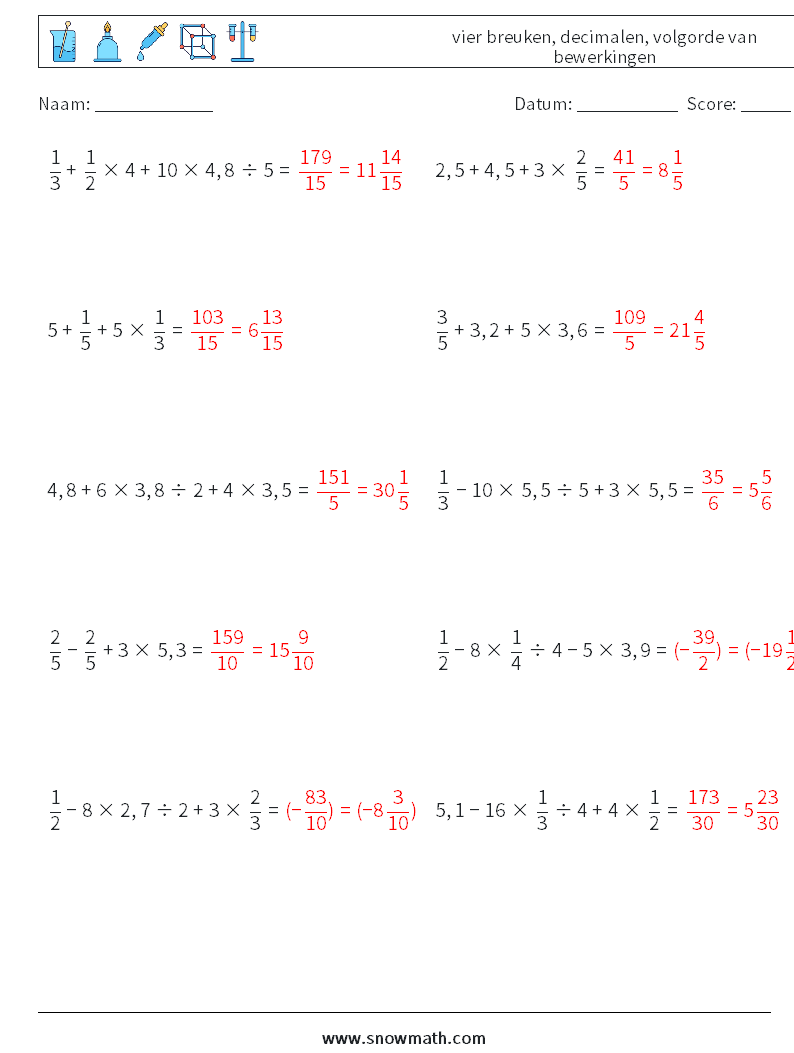 (10) vier breuken, decimalen, volgorde van bewerkingen Wiskundige werkbladen 10 Vraag, Antwoord