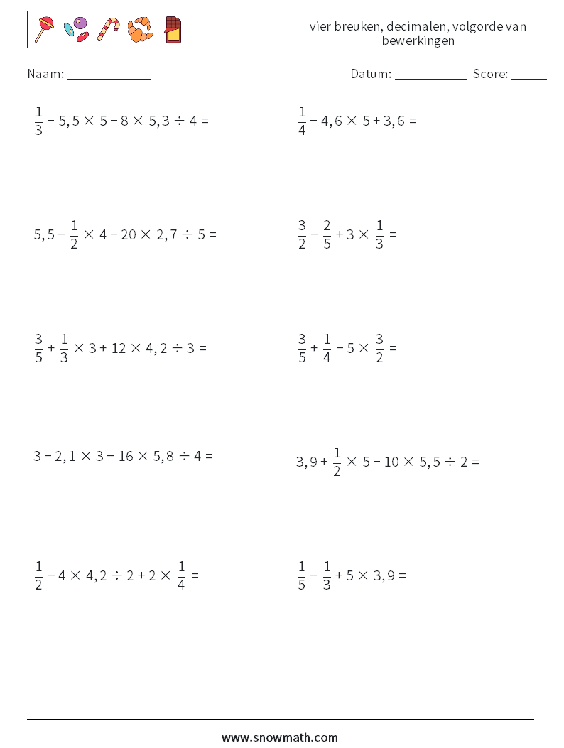 (10) vier breuken, decimalen, volgorde van bewerkingen Wiskundige werkbladen 11