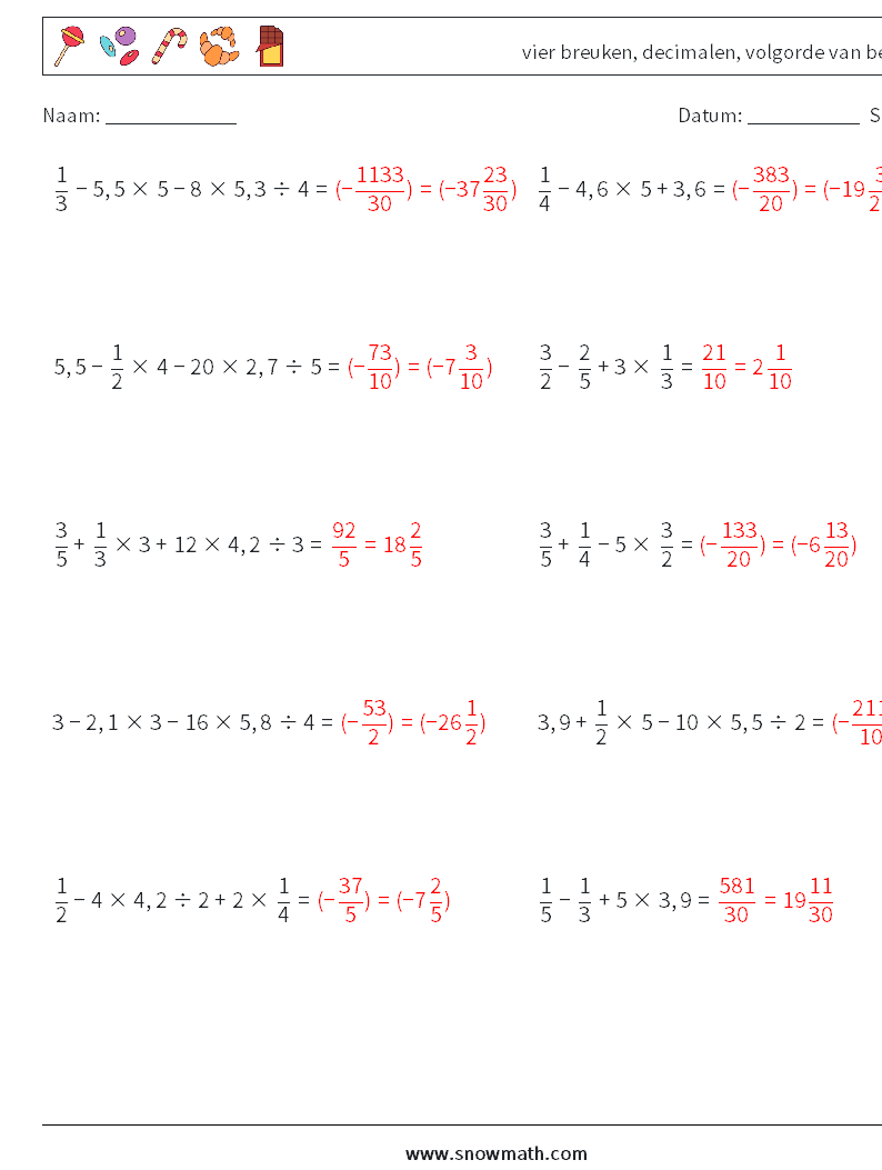 (10) vier breuken, decimalen, volgorde van bewerkingen Wiskundige werkbladen 11 Vraag, Antwoord