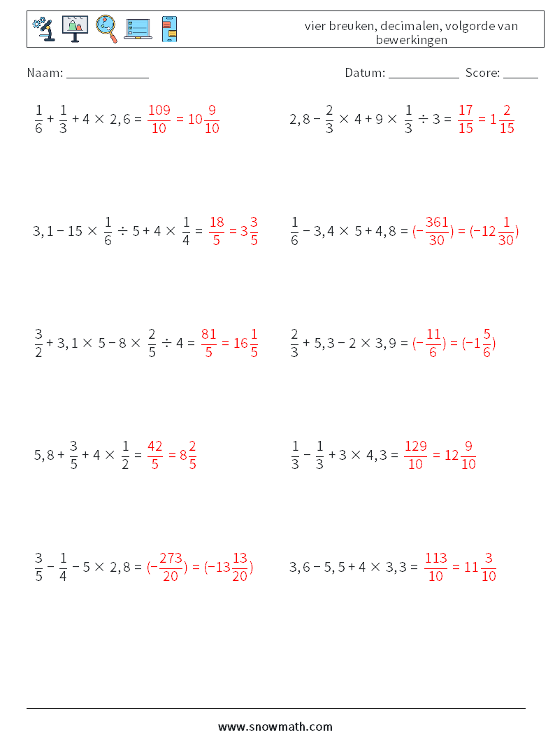 (10) vier breuken, decimalen, volgorde van bewerkingen Wiskundige werkbladen 12 Vraag, Antwoord