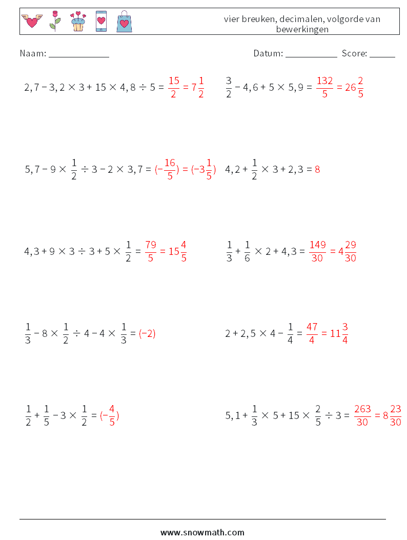 (10) vier breuken, decimalen, volgorde van bewerkingen Wiskundige werkbladen 13 Vraag, Antwoord