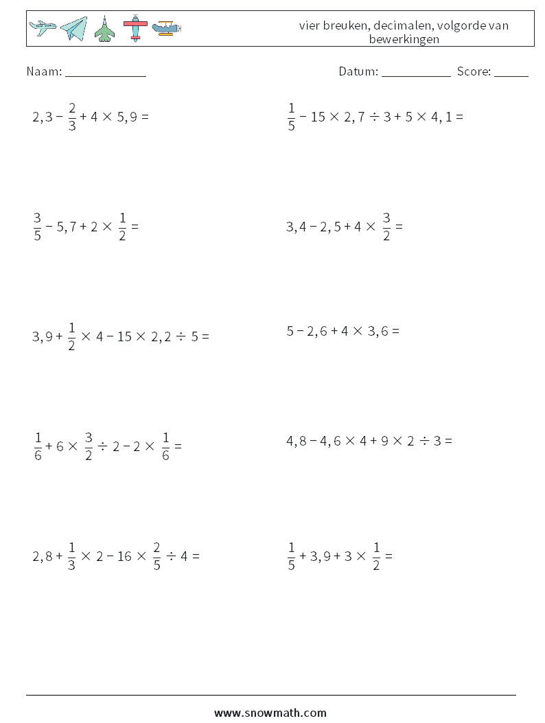(10) vier breuken, decimalen, volgorde van bewerkingen Wiskundige werkbladen 15