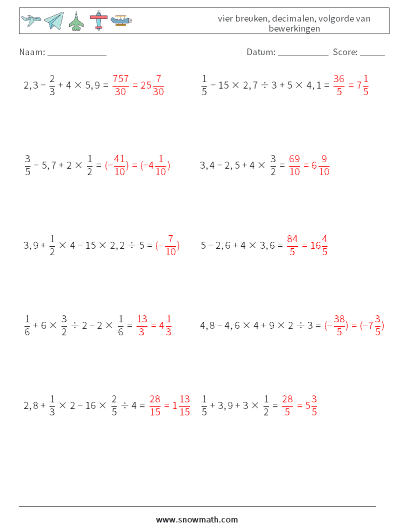 (10) vier breuken, decimalen, volgorde van bewerkingen Wiskundige werkbladen 15 Vraag, Antwoord