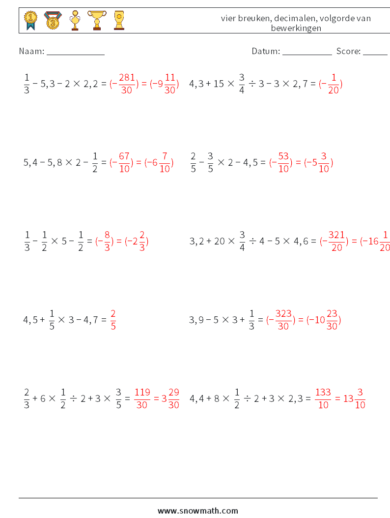 (10) vier breuken, decimalen, volgorde van bewerkingen Wiskundige werkbladen 17 Vraag, Antwoord