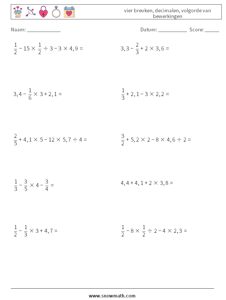 (10) vier breuken, decimalen, volgorde van bewerkingen Wiskundige werkbladen 2