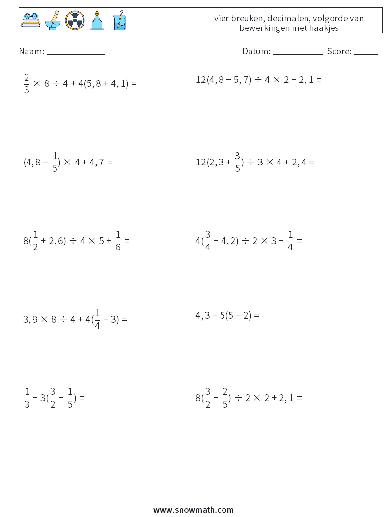 (10) vier breuken, decimalen, volgorde van bewerkingen met haakjes Wiskundige werkbladen 1