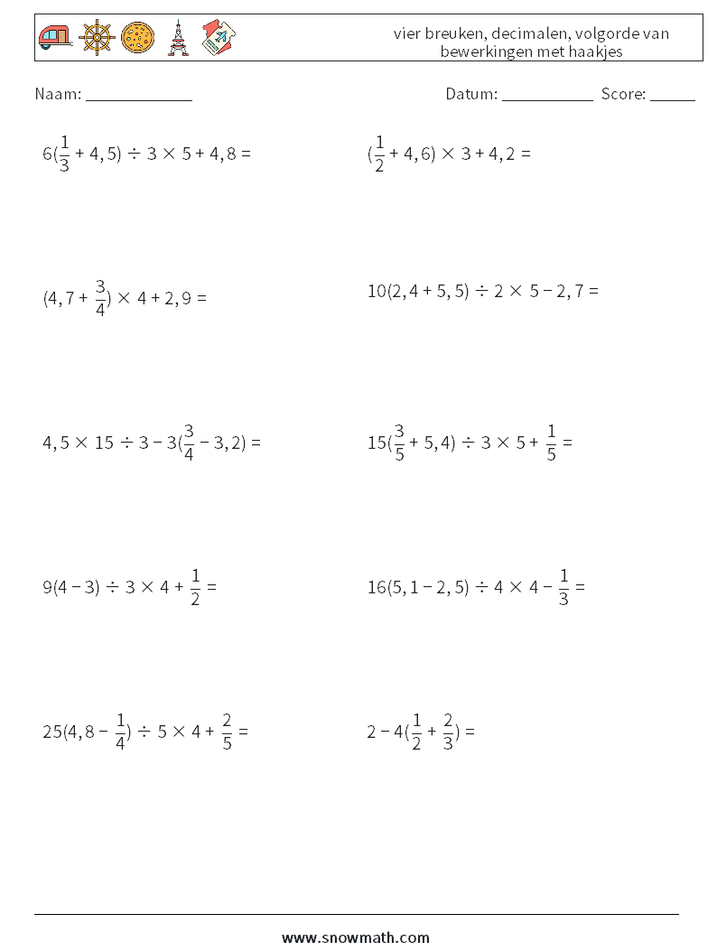 (10) vier breuken, decimalen, volgorde van bewerkingen met haakjes Wiskundige werkbladen 10