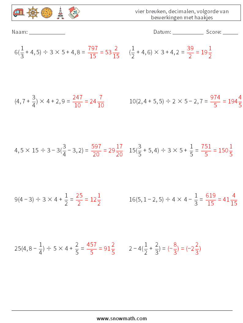 (10) vier breuken, decimalen, volgorde van bewerkingen met haakjes Wiskundige werkbladen 10 Vraag, Antwoord
