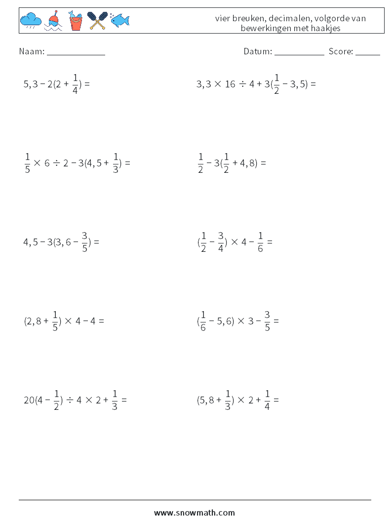(10) vier breuken, decimalen, volgorde van bewerkingen met haakjes Wiskundige werkbladen 12