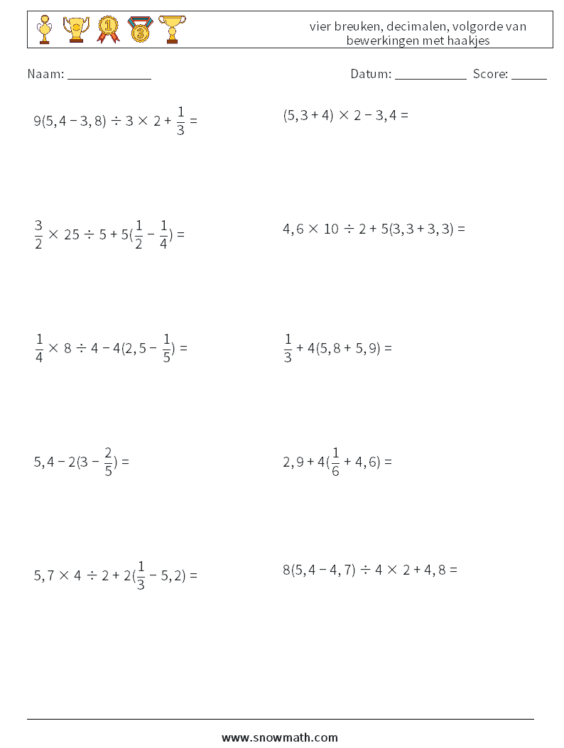(10) vier breuken, decimalen, volgorde van bewerkingen met haakjes Wiskundige werkbladen 13